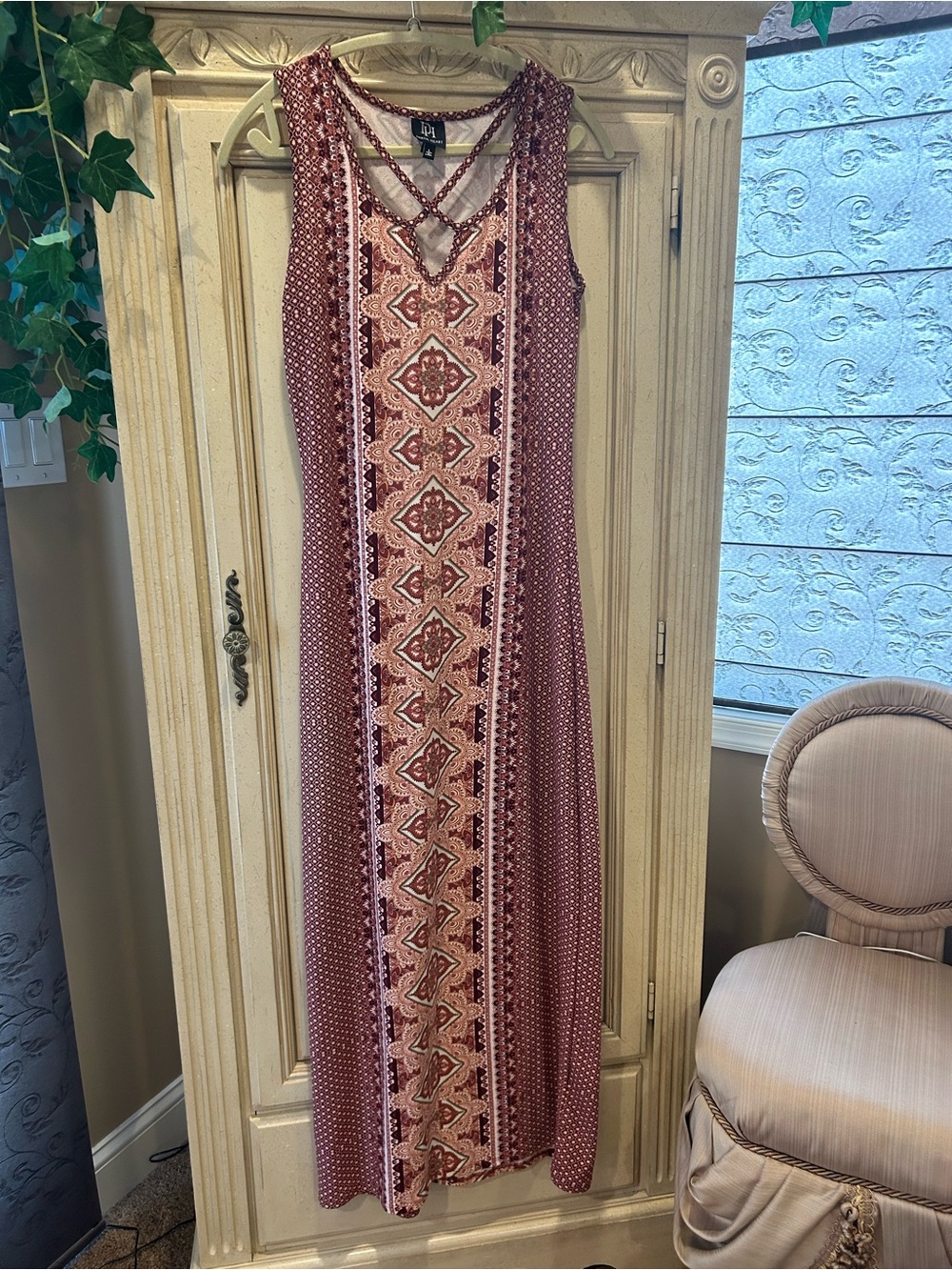 Women's Pink Peach Patterned Maxi Dress size L Derek Heart.